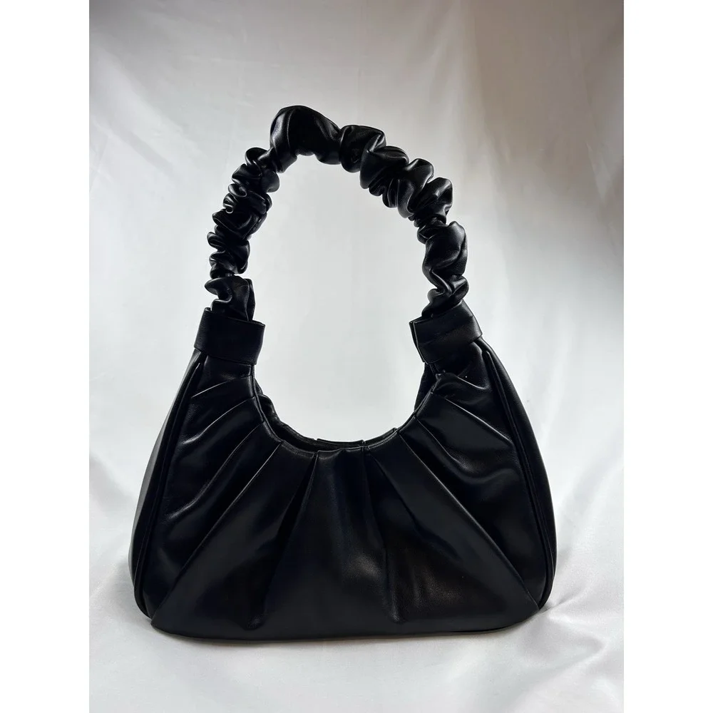 Black Ruched Hobo Shoulder Bag Slouchy Crescent Faux Leather Y2K Baguette Purse